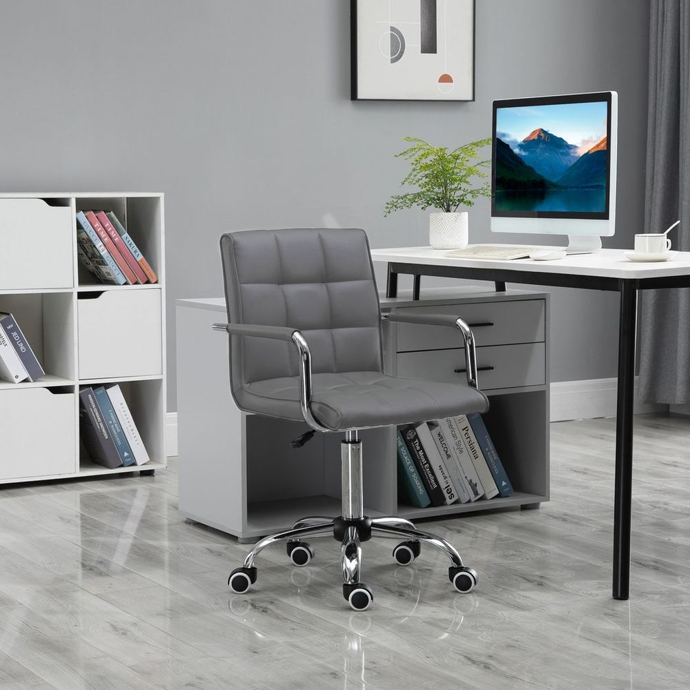 Mid Back PU Leather Home Office Chair Swivel Desk Chair with Arm, Wheel, Grey - Office Chair from Vinsetto