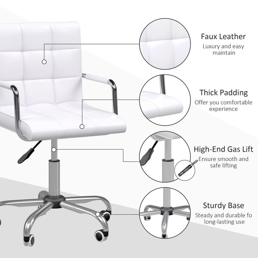 Mid Back PU Leather Home Office Chair Swivel Desk Chair with Arm, Wheel, White - Office Chair from Vinsetto