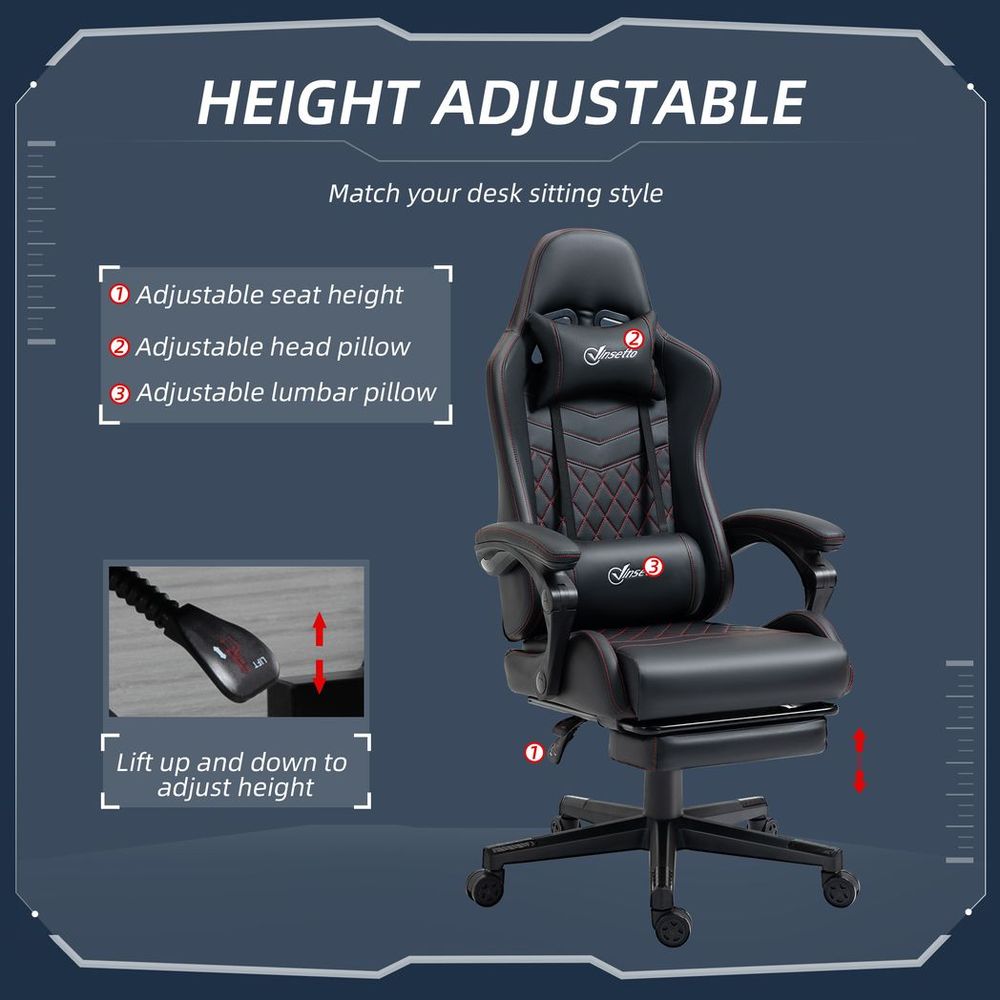 Racing Gaming Chair PU Leather Gamer Recliner Home Office, Black - Office Chair from Vinsetto