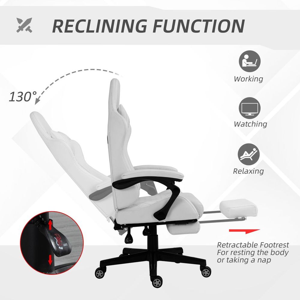 Racing Gaming Chair PU Leather Gamer Recliner Home Office, White - Office Chair from Vinsetto