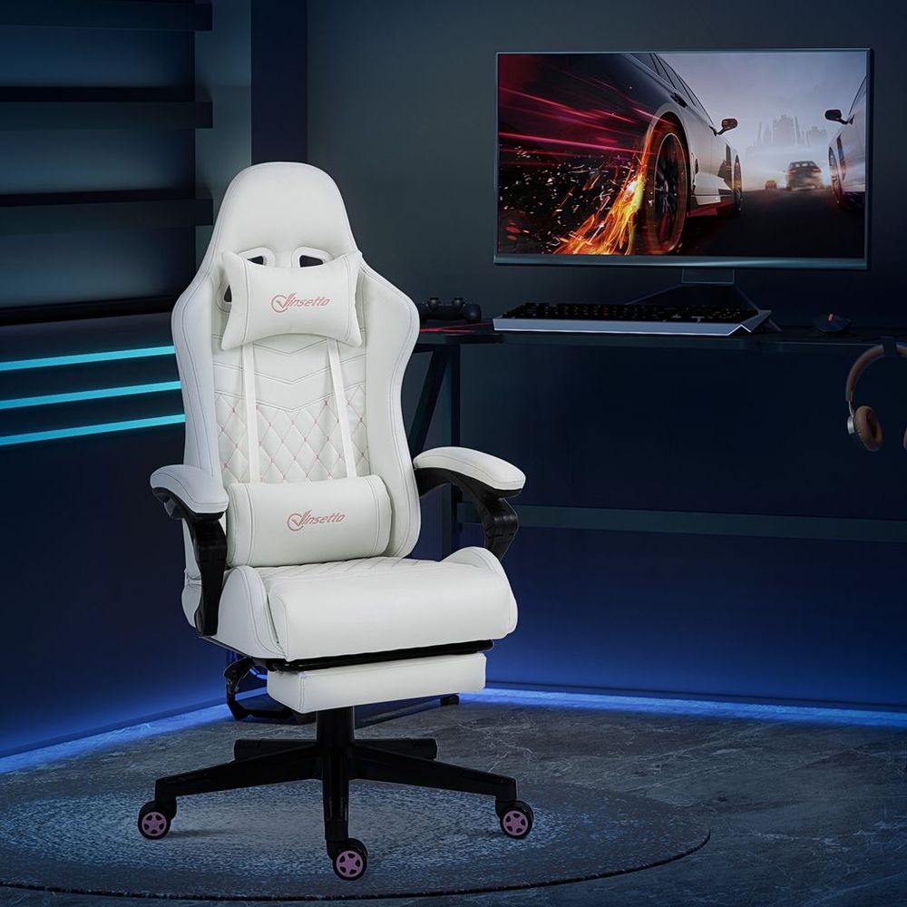 Racing Gaming Chair PU Leather Gamer Recliner Home Office, White - Office Chair from Vinsetto