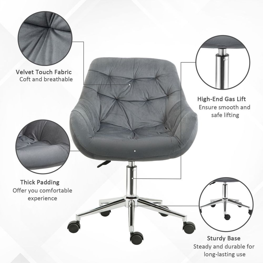 Velvet Home Office Chair Comfy Desk Chair w/ Adjustable Height Armrest Dark Grey - Office Chair from Vinsetto